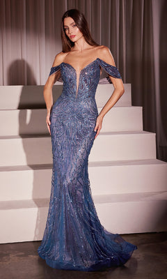 A woman stands on white steps wearing the Ladivine CC0689 Off-Shoulder Beaded Prom Gown, featuring a fitted bodice, sheer details, and a flowing long silhouette.