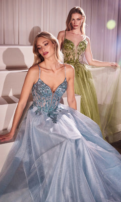 Two women pose indoors in floor-length evening gowns: one wears a light blue formal dress with floral details, the other dons the Sheer-Corset Long Prom Dress: Ladivine CC0881, a green gown with beaded embroidery and sheer accents.