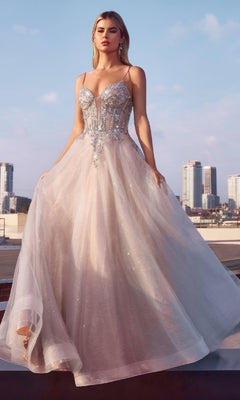 A woman in the Sheer-Corset Long Prom Dress: Ladivine CC0881, a stunning long A-line gown with elegant beaded embroidery.