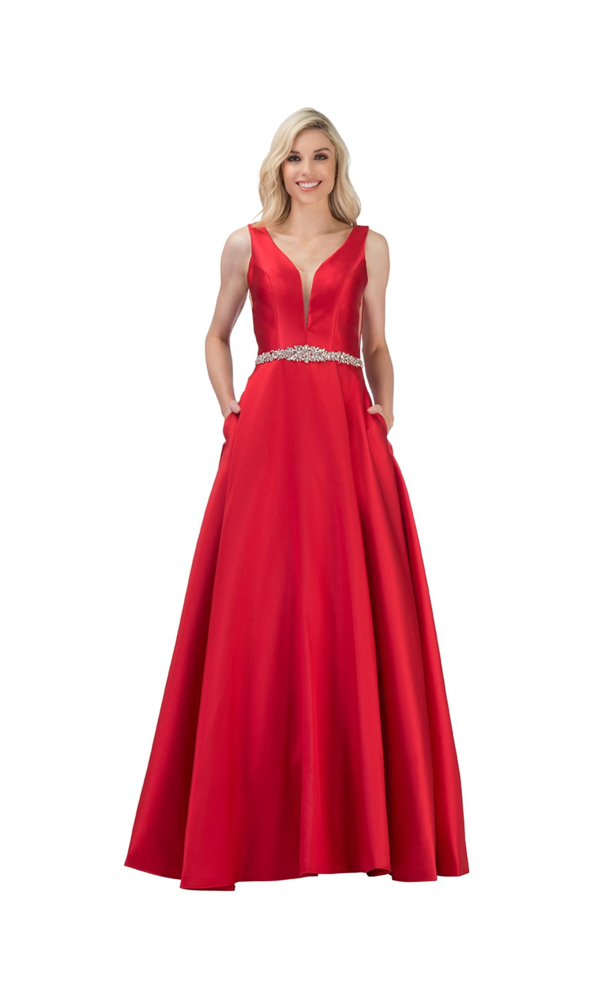 A woman models the Chicas CC3021 Jeweled-Waist Long Prom Ball Gown, a sleeveless, floor-length evening dress with a deep v-neck and jeweled belt, against a white background.