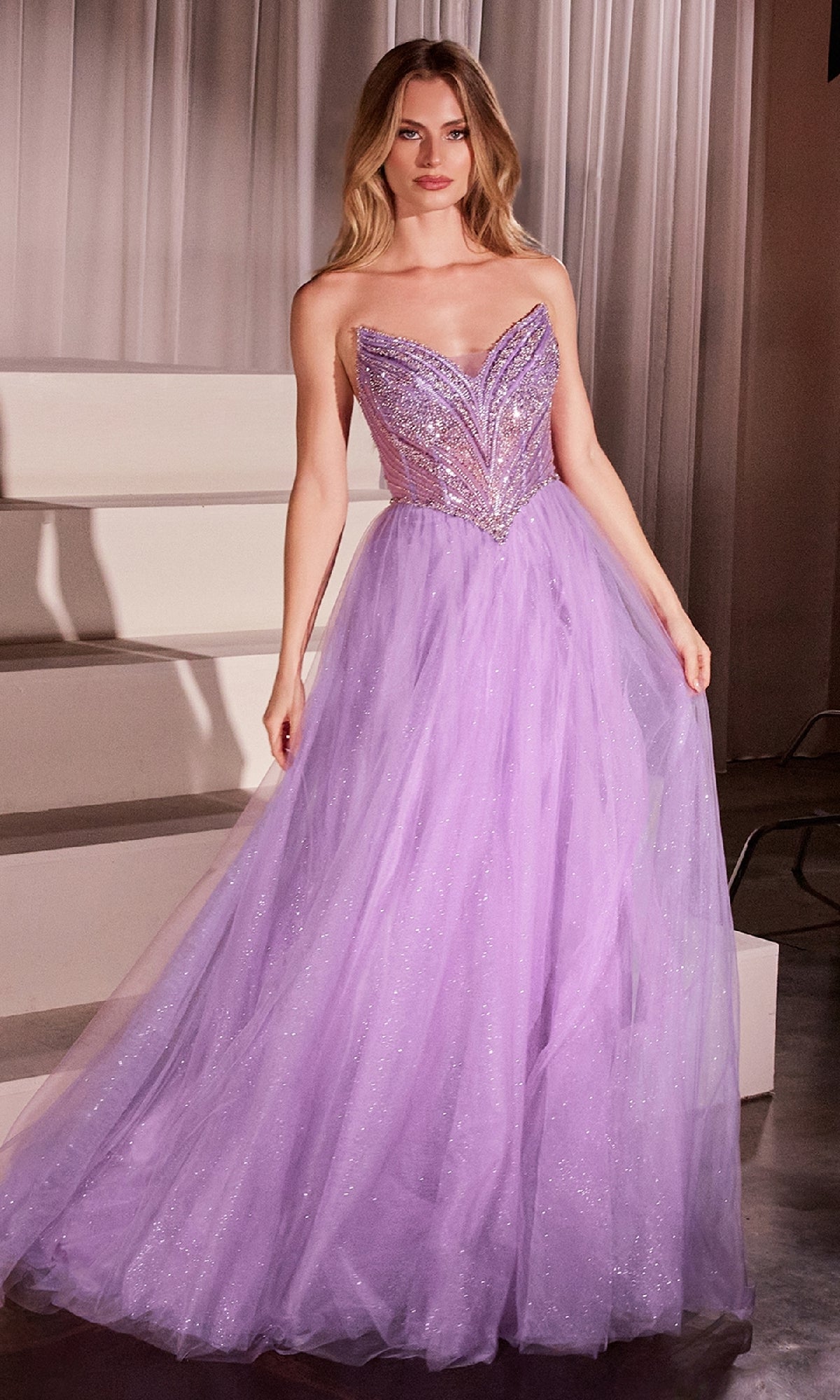 Beaded-Bodice Long Prom Dress: Ladivine CC415