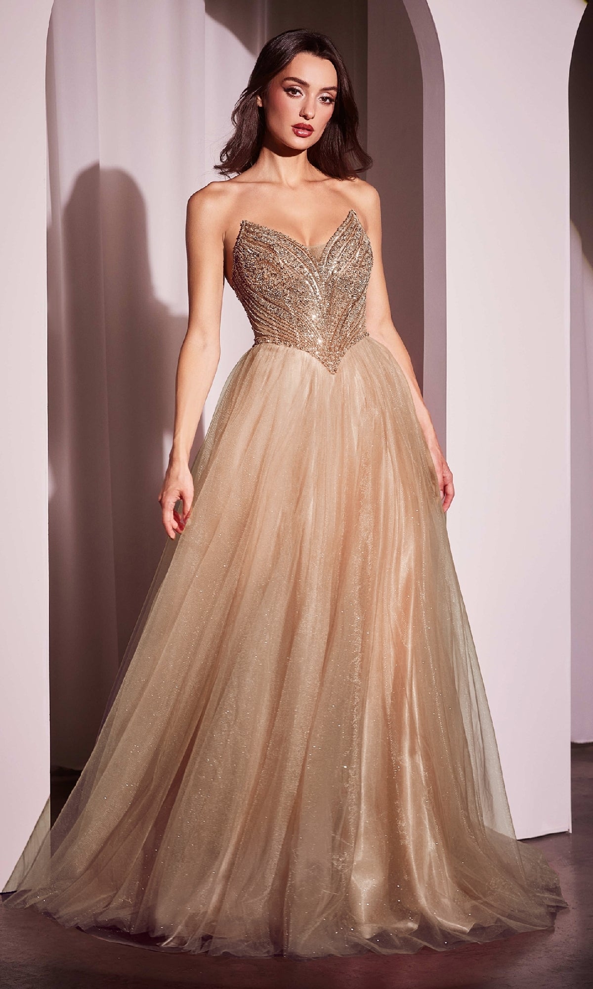 Strapless Long A-Line Prom Dress with Beaded Bodice Mocha Gold / 12