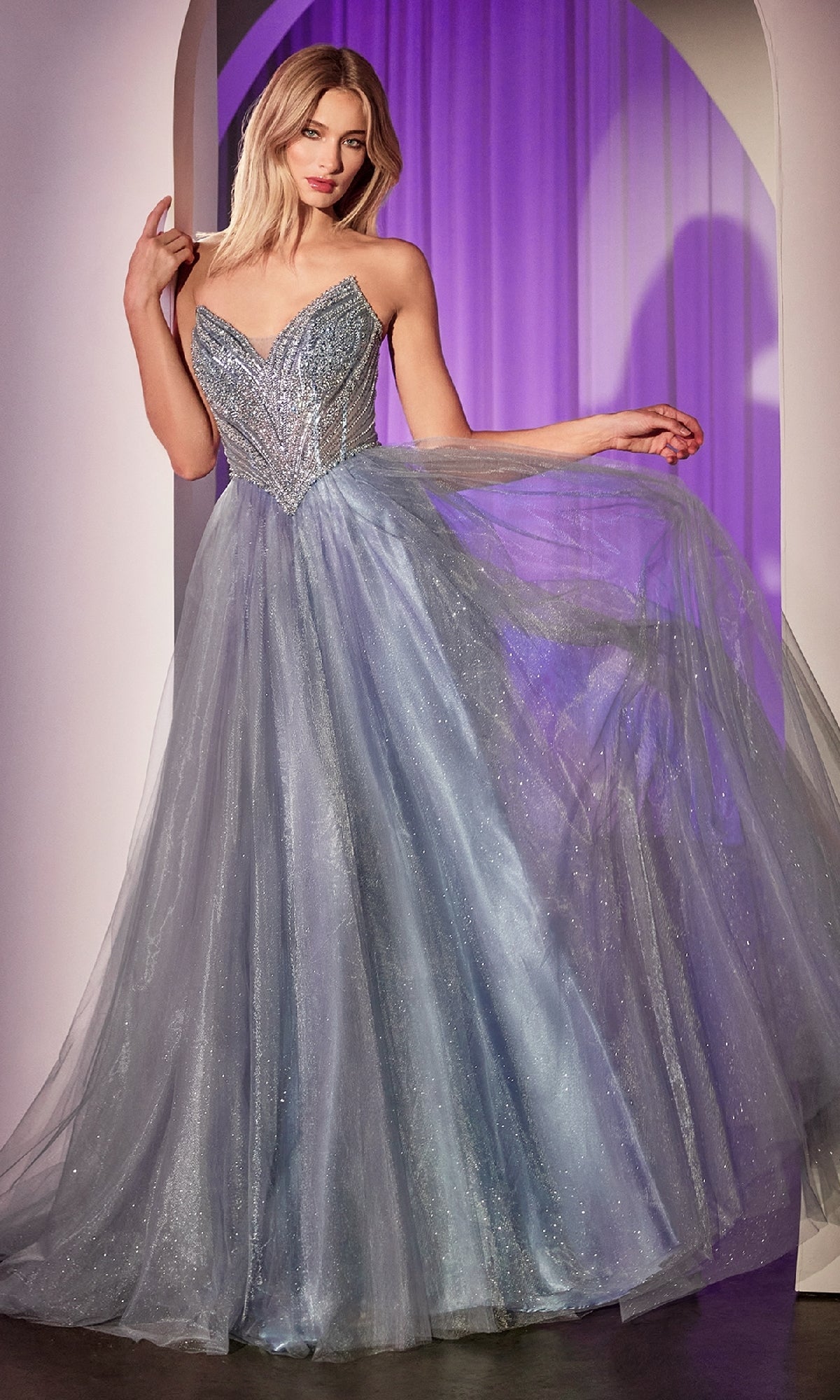 Beaded-Bodice Long Prom Dress: Ladivine CC415