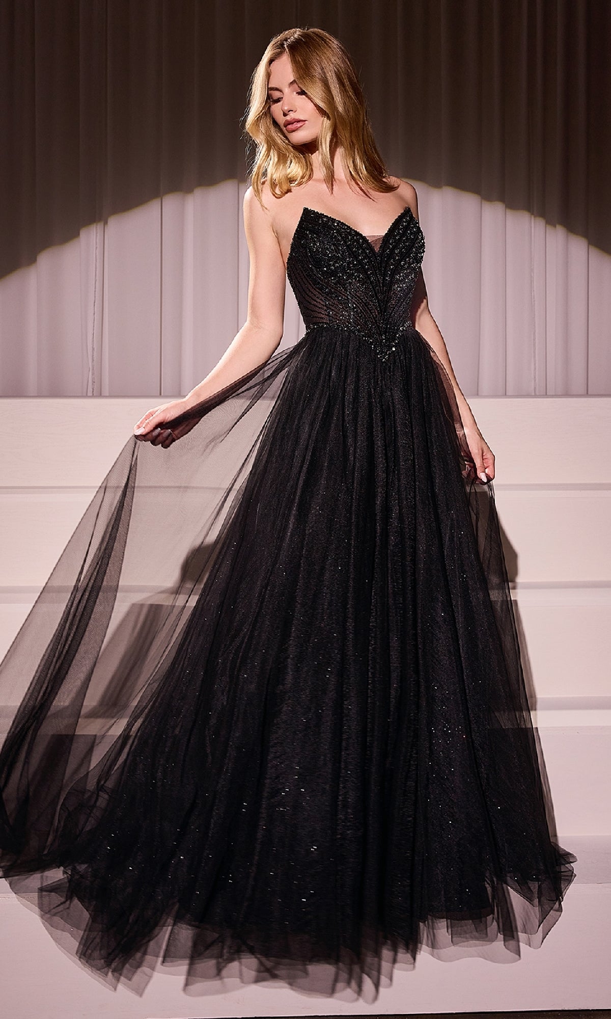 black strapless tulle dress Black Layered Tulle Dress With Corset Bodice And Embellished Skirt