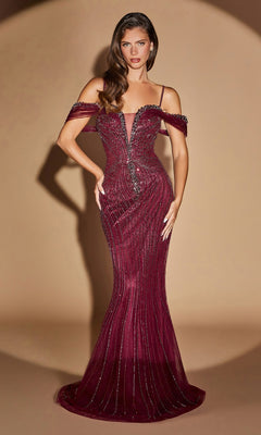 A woman poses against a neutral background wearing the Ladivine CC496 long formal dress in Plum Noir, featuring a fitted off-the-shoulder design, mermaid skirt, and sparkling embellishments.