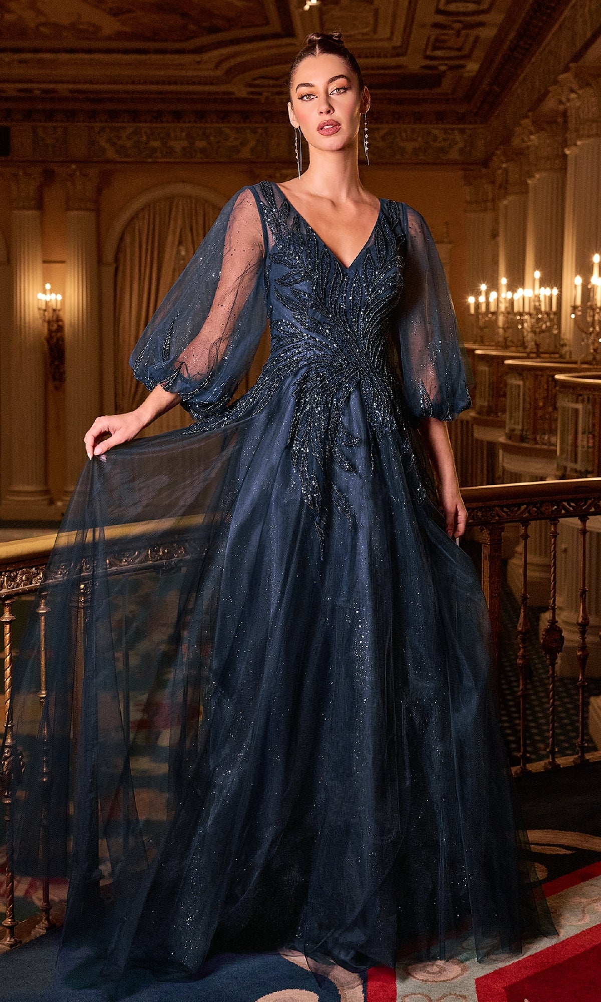 Navy Blue Long Formal Dress with Sheer Sleeves Navy / 20