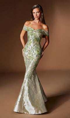 A woman poses against a plain brown backdrop wearing the Ladivine CD0107, an off-the-shoulder long formal dress in metallic green and silver jacquard with a fitted mermaid silhouette.
