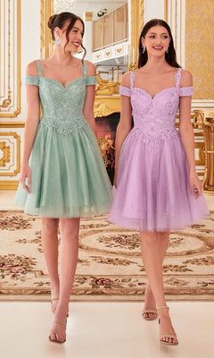 Two women wear Cold-Shoulder Short Glitter Homecoming Dress CD0132 in mint green and lavender, both off-the-shoulder styles, standing indoors among ornate gold and white decor.