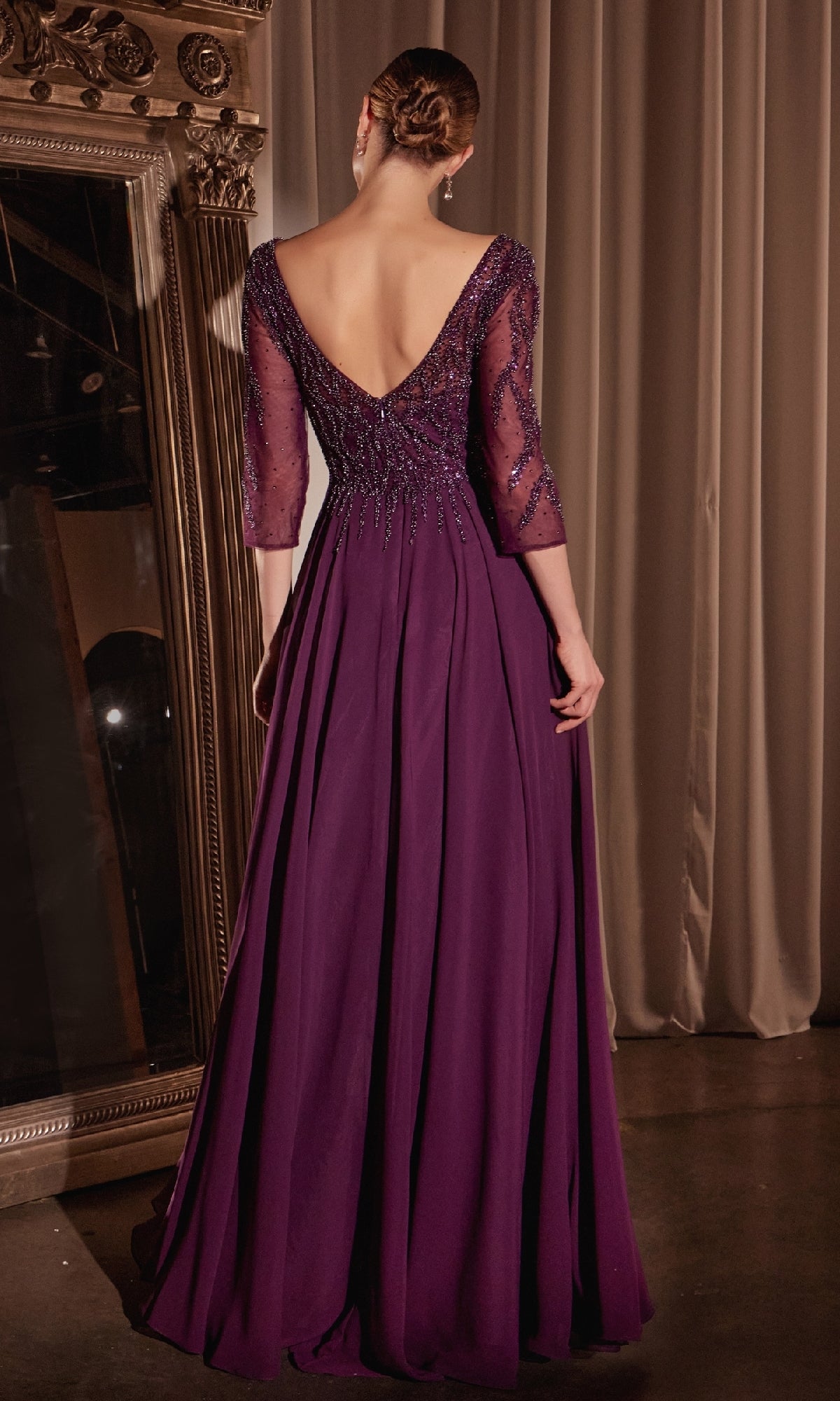 Three-Quarter-Sleeve Long Prom Dress with Glitter PromGirl Three-Quarter-Sleeve Long Prom Dress with Glitter PromGirl