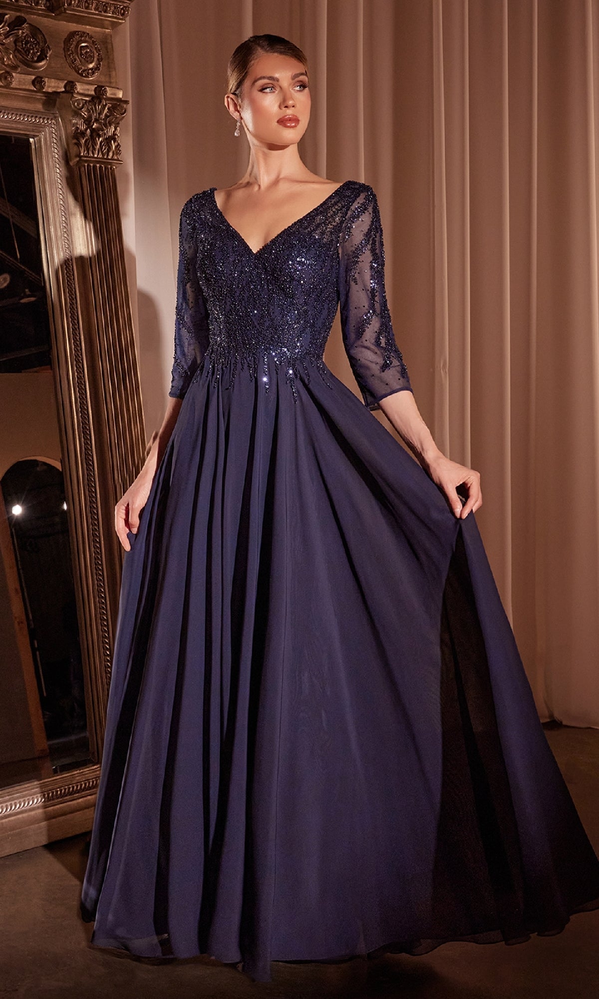 Three-Quarter-Sleeve Long Prom Dress with Glitter– PromGirl