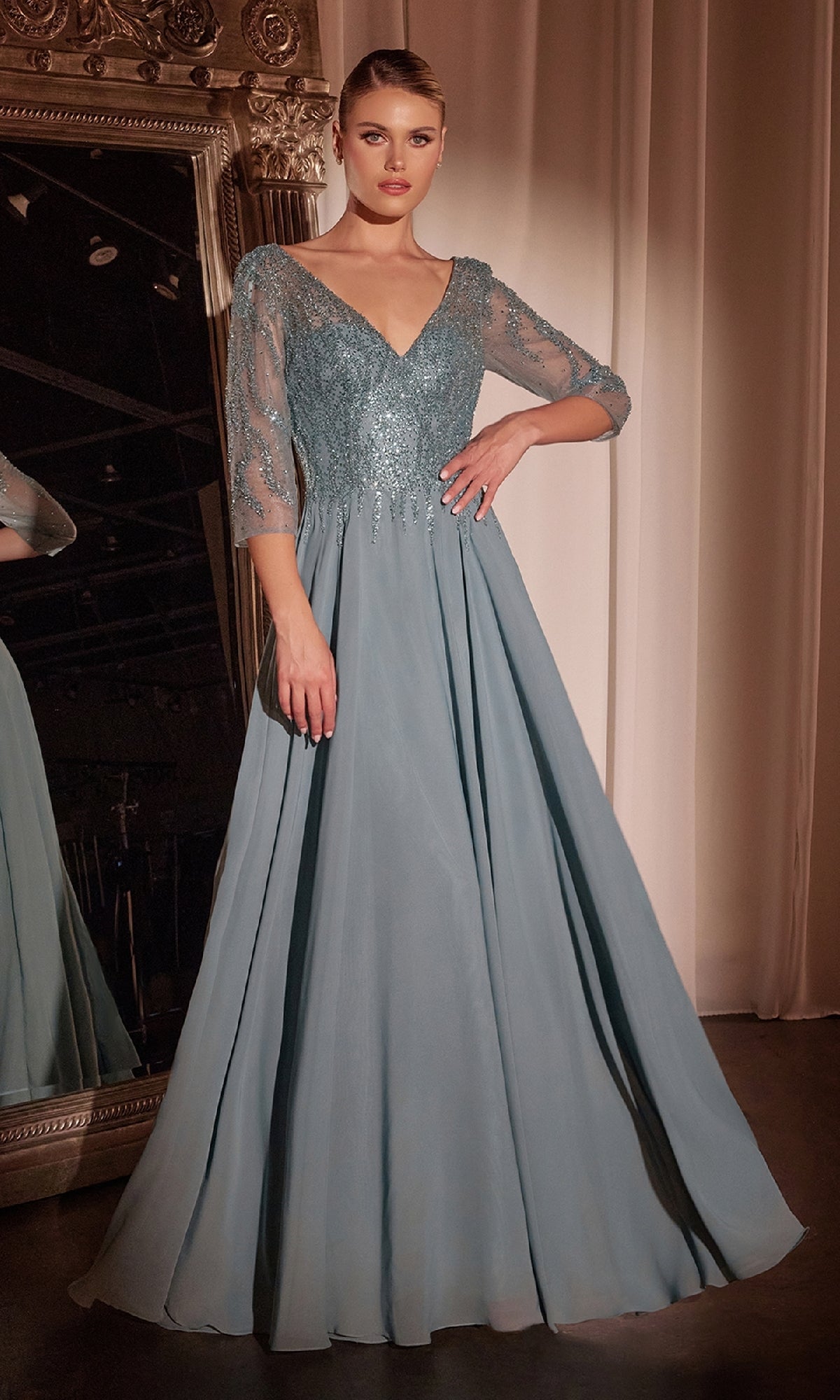 Three-Quarter-Sleeve Long Prom Dress with Glitter – PromGirl