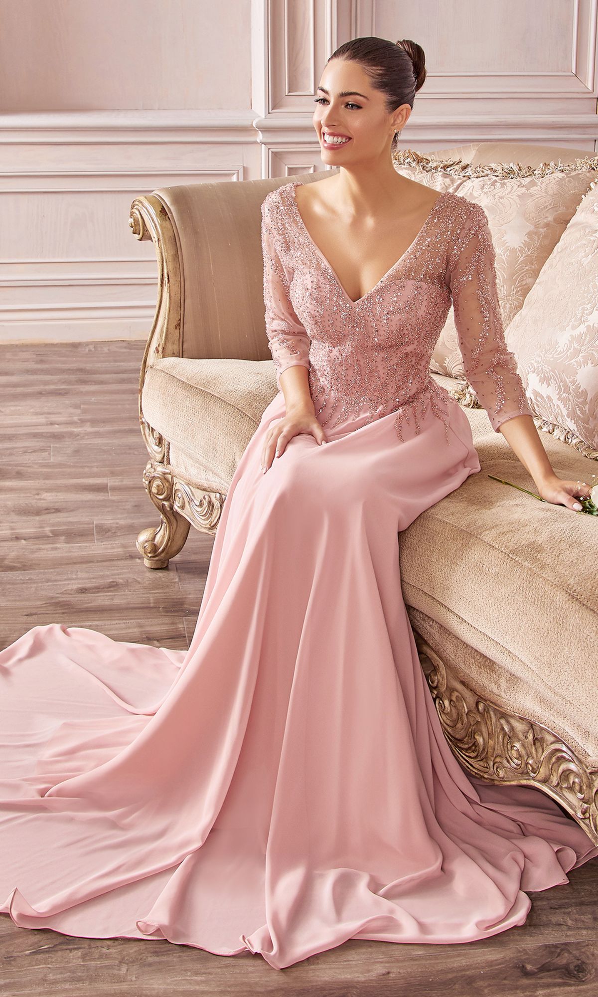 Three-Quarter-Sleeve Long Prom Dress with Glitter Mocha / 2XLarge Three-Quarter-Sleeve Long Prom Dress with Glitter Mocha / 2XLarge