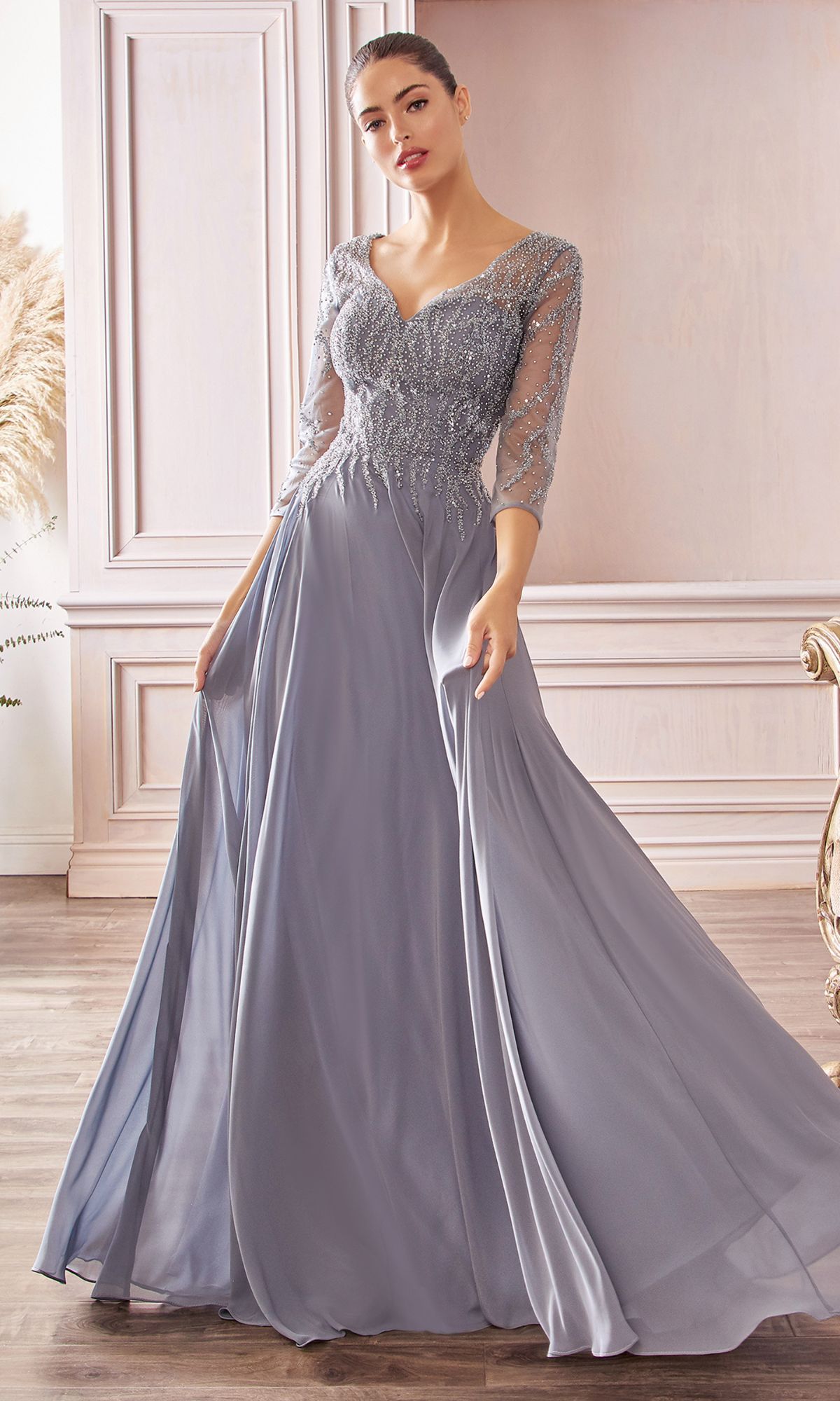 Three-Quarter-Sleeve Long Prom Dress with Glitter – PromGirl