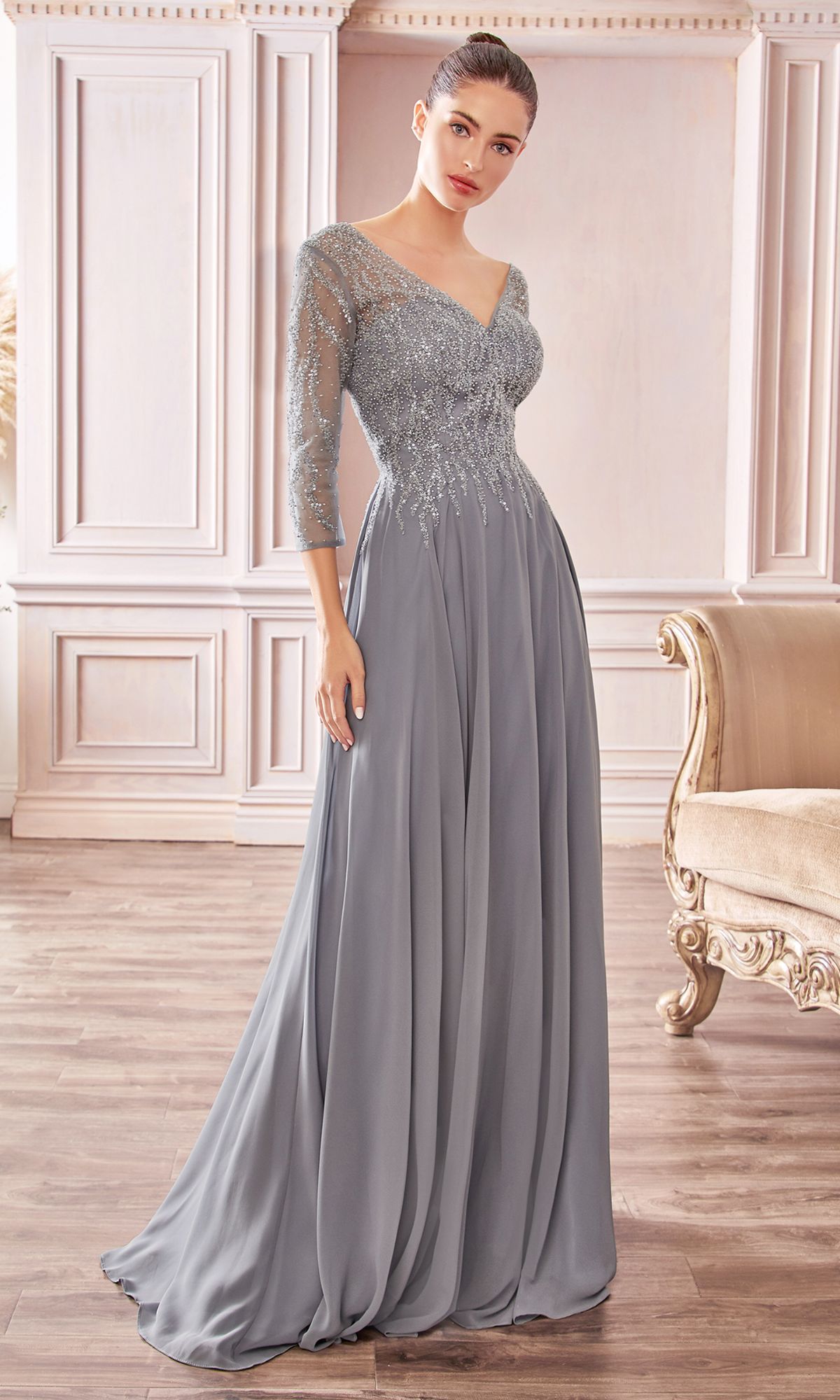 Three-Quarter-Sleeve Long Prom Dress with Glitter– PromGirl