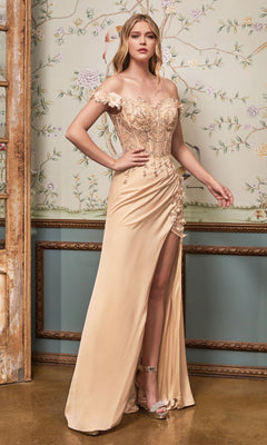 A woman wearing the Off-the-Shoulder Long Sweetheart Prom Dress CD0186, featuring a peach hue, glittery embroidery, and a high slit, stands in a decorated room with floral wallpaper.