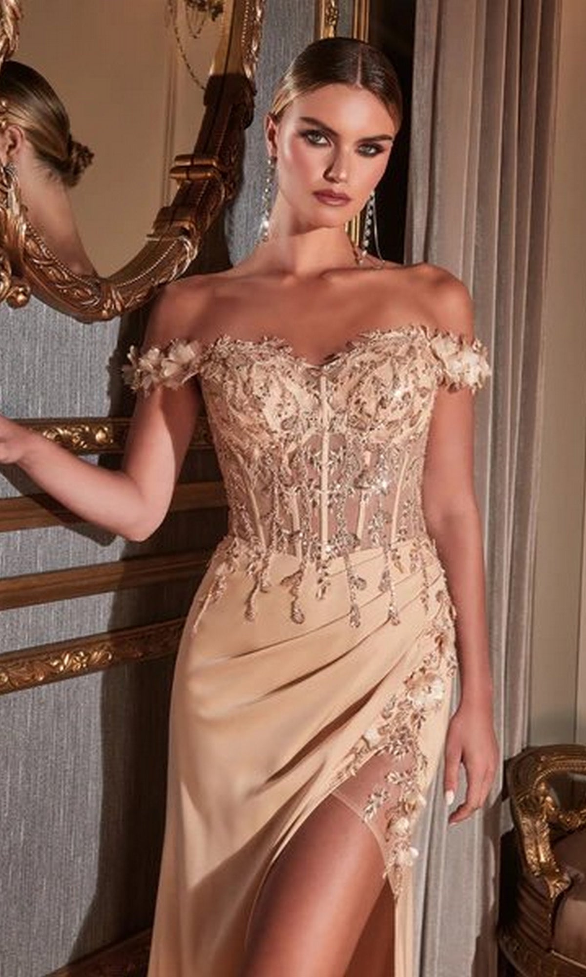 A woman in the Off-the-Shoulder Long Sweetheart Prom Dress CD0186 with lace, bead, and glitter embroidery stands in an elegant, gold-accented room.