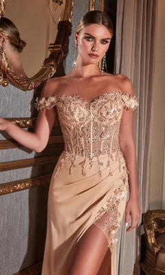 A woman in the Off-the-Shoulder Long Sweetheart Prom Dress CD0186 with lace, bead, and glitter embroidery stands in an elegant, gold-accented room.