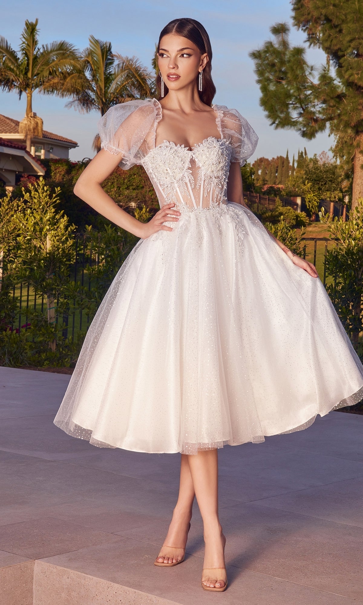 Puff-Sleeve Off-White A-Line Midi Dress - PromGirl