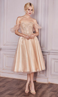 Puff-Sleeve Glitter Tea Length Dress CD0187
