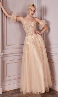 Strapless Long Prom Dress with Puff Sleeves