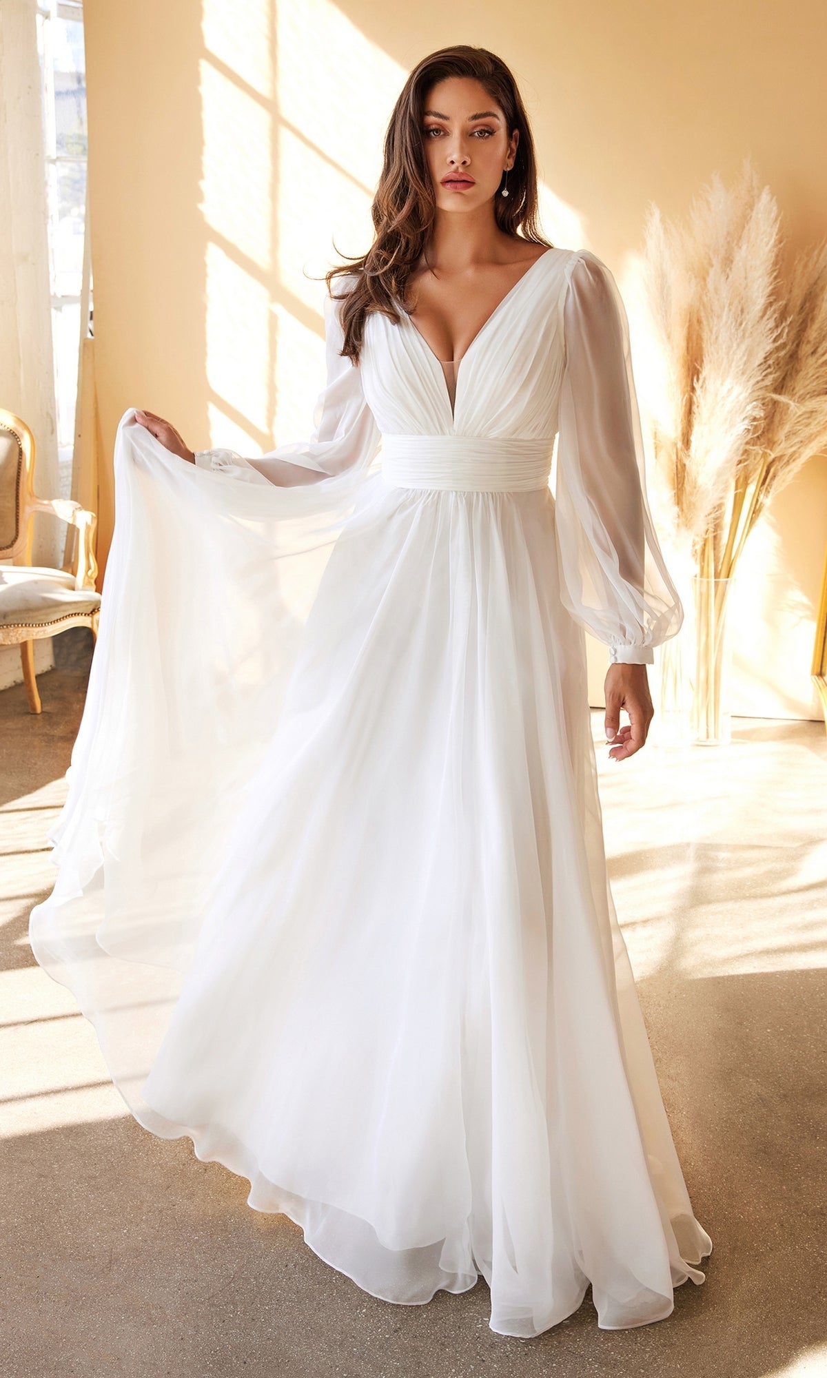 Long Sleeve White Chiffon Long Formal Dress Off White / Large