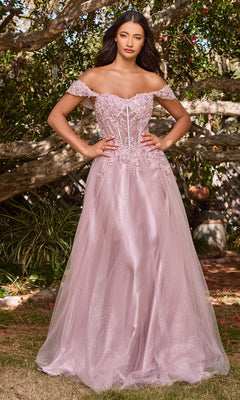 A woman stands outdoors in the Off-Shoulder Long Glitter A-Line Prom Dress CD0198, a light pink tulle gown with floral embellishments, embroidered lace details, and a fitted bodice.