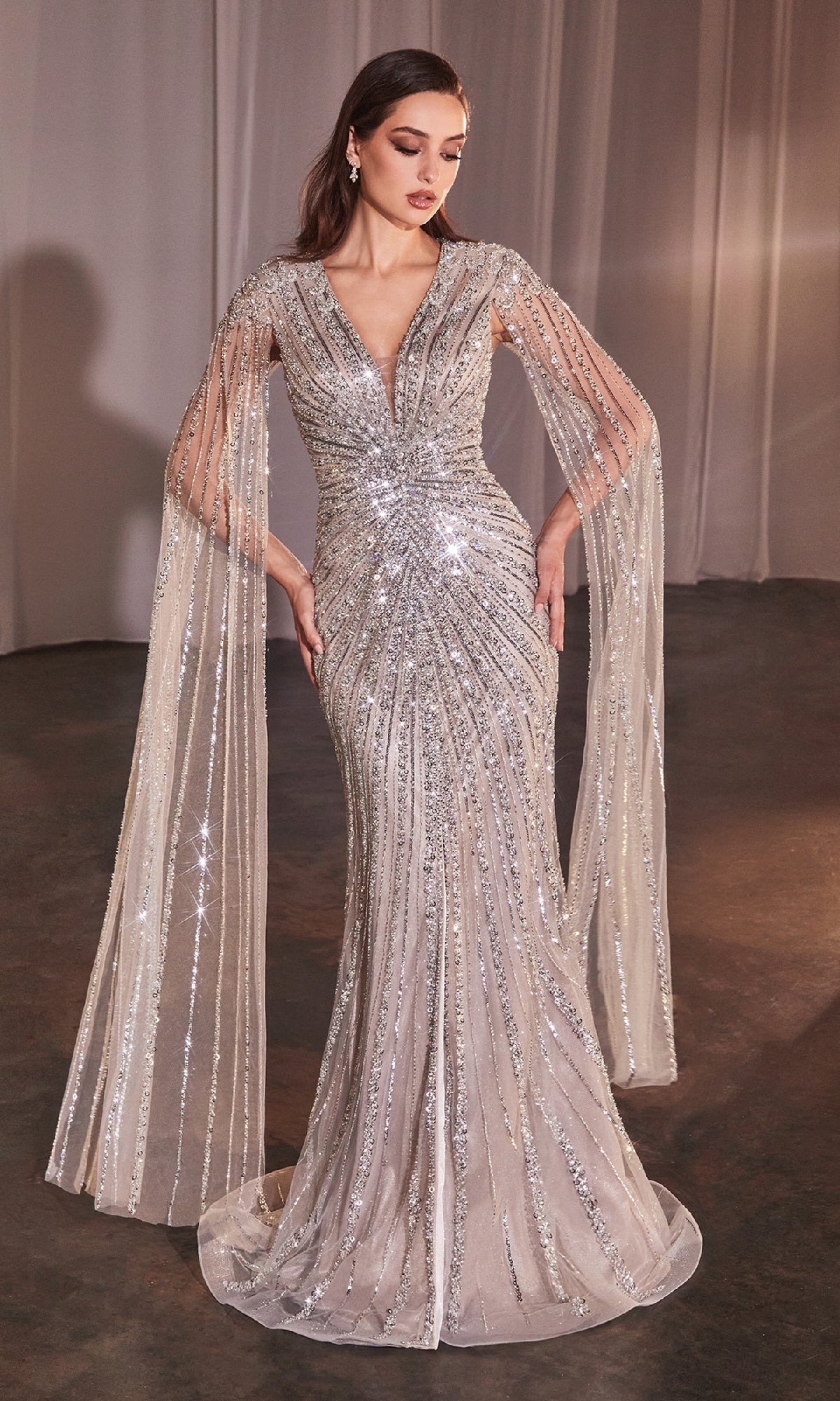 Beaded Long Formal Dress with Cape Sleeves– PromGirl