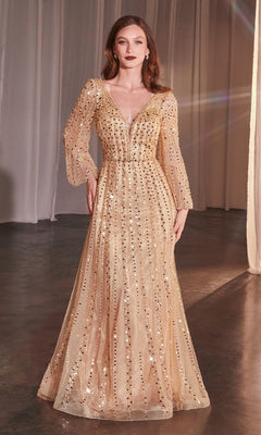 A woman stands indoors wearing the Ladivine CD0240, a long-sleeved, floor-length beaded formal dress with a deep V-neckline.