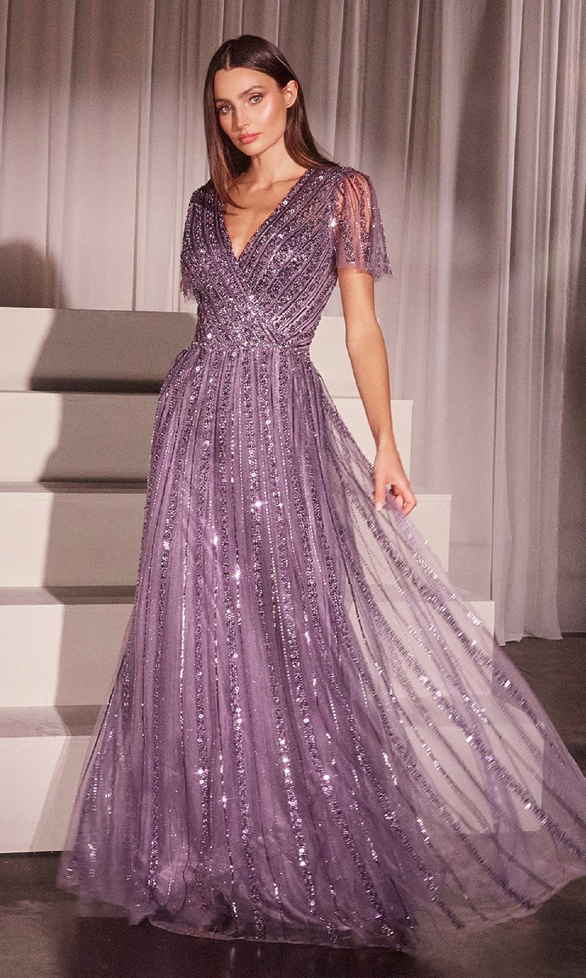 Long Beaded Prom Dress with Short Flutter Sleeves English Violet / 8