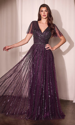A woman wears the Ladivine CD0241 Flutter-Sleeve Long Prom Dress in deep purple, featuring short flutter sleeves, a V-neckline, vertical sequin stripes—ideal as an elegant evening gown for special occasions.