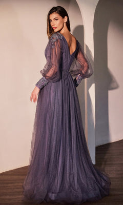 Long Violet A-Line Formal Dress with Long Sleeves Smoky Violet / 12 Long Violet A-Line Formal Dress with Long Sleeves Smoky Violet / 12