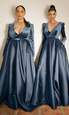 Two women stand side by side against a light wall, each wearing the Long Sleeve Long A-Line Formal Dress CD226 in deep blue velvet with elegant v-necklines and long sleeves.