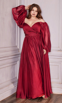 A woman stands indoors wearing the Ladivine Plus-Size Off-Shoulder Prom Dress CD243C in deep red, a floor-length gown with long sheer sleeves—an elegant and stunning choice for any formal evening.