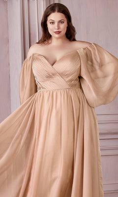 A woman stands before a light wooden wall wearing the Ladivine Plus-Size Off-Shoulder Prom Dress CD243C in blush, featuring a pleated bodice and sheer, billowy long sleeves.