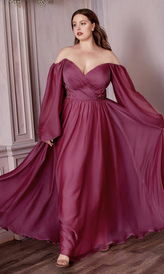 A woman wears the Ladivine Plus-Size Off-Shoulder Prom Dress CD243C in deep rose, featuring long sleeves, as she stands indoors on a wooden floor.