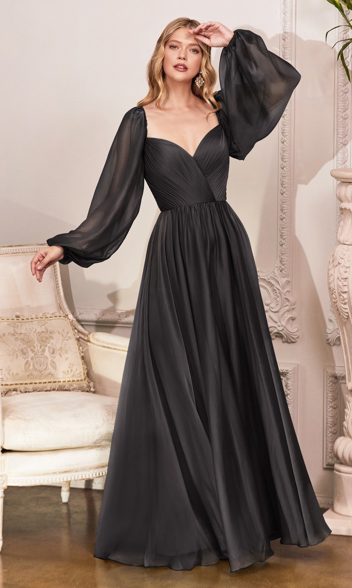 Ladivine V-Neck A-Line Prom Dress with Long Sleeves Black / 10 Ladivine V-Neck A-Line Prom Dress with Long Sleeves Black / 10