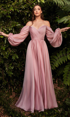 A woman stands outdoors before green foliage, wearing the Ladivine Long Bishop-Sleeve Prom Dress CD243 in pink, featuring flowing off-the-shoulder styling, long sheer bishop sleeves, and a pleated bodice.