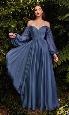 A woman stands outdoors in the Ladivine Long Bishop-Sleeve Prom Dress CD243—its flowing blue gown and long sheer sleeves beautifully complemented by the lush green foliage around her.