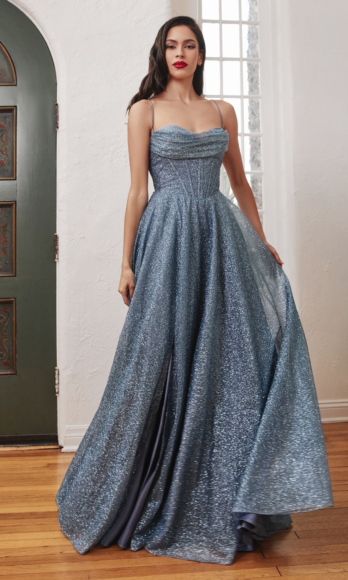 Draped-Bodice Long Glitter A-Line Prom Dress CD252