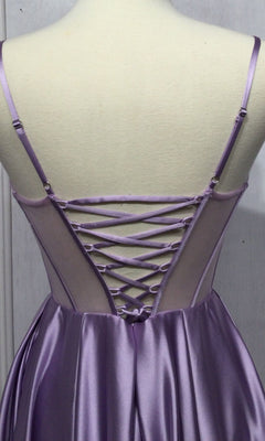 Back view of the Sheer-Corset Long A-Line Prom Dress CD276 in lilac satin, with thin straps and a crisscross lace-up detail over a sheer mesh panel that highlights the corset waist.