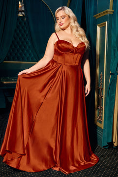 A woman in a Plus-Size Long A-Line Prom Dress, Ladivine CD337C, with a fitted bodice and flared skirt, stands indoors against a teal and gold background.
