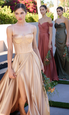 Three women stand outdoors in Ladivine CD337 Long Sweetheart A-Line Prom Dresses in gold, rust, and olive green shades, each holding small bouquets with greenery and sunlight in the background.
