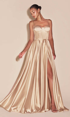 A woman stands against a neutral background wearing the Ladivine CD337, a long gold satin A-line prom dress with a sweetheart neckline, structured corset bodice, and high slit.