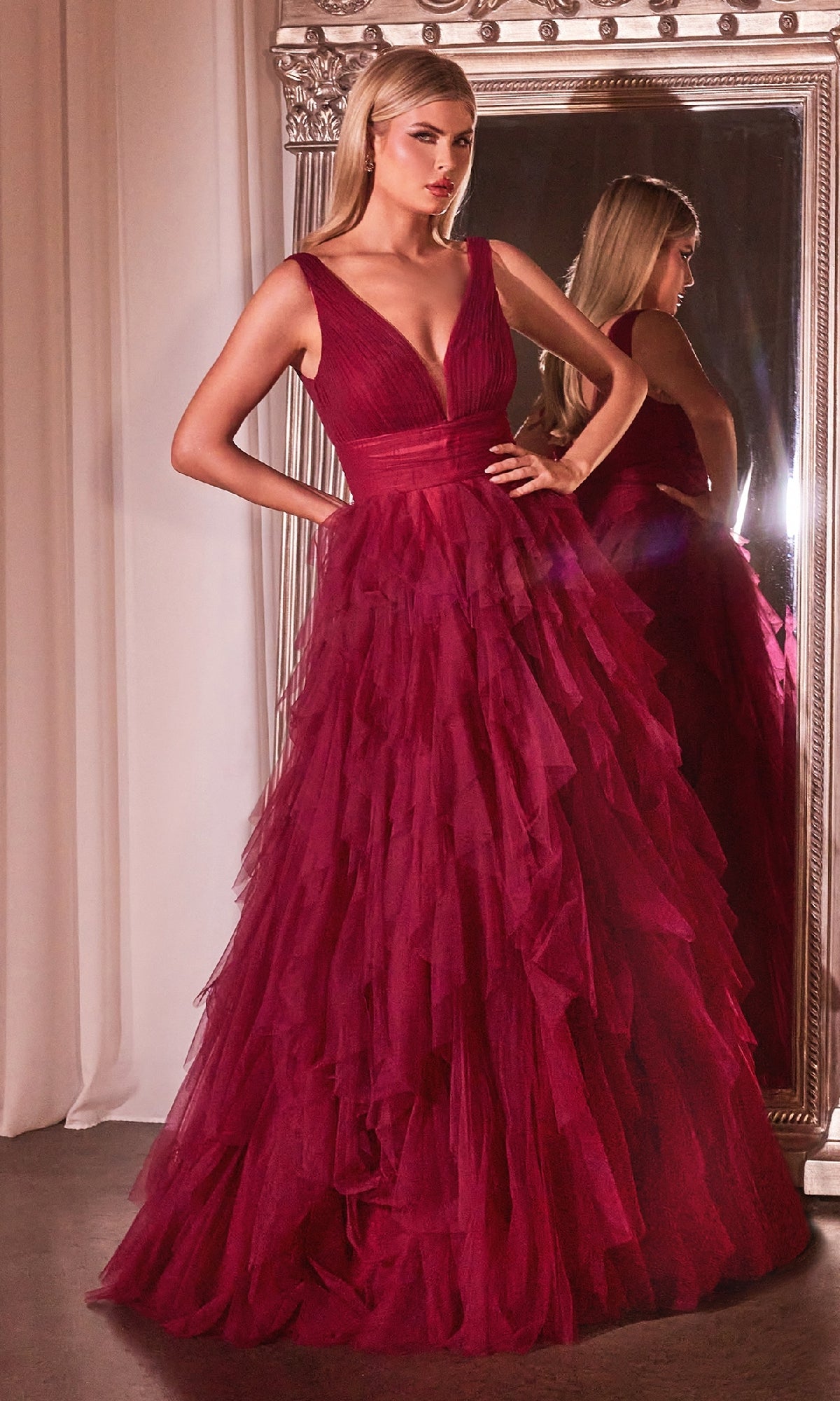 V-Neck Layered Long A-Line Prom Ball Gown CD347