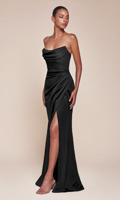 A woman poses against a neutral background in the Lace-Up Strapless Long Prom Gown: Ladivine CD355, featuring a draped bodice and thigh-high slit, paired with clear-strap heels for an elegant, modern formal look.