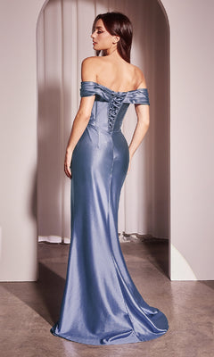 A woman in the Ladivine CD370—a floor-length, fitted blue satin prom dress with a lace-up corset back—stands in an arched doorway, facing away from the camera.