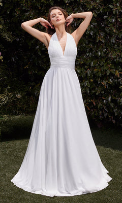 A woman stands outdoors before leafy bushes, arms raised and eyes closed, wearing the Ladivine CD372W Long White Halter Prom Dress with a fitted bodice and flowing skirt.