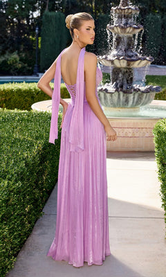 A woman in the Ladivine CD410 long prom dress with a pleated chiffon a-line skirt and elegant updo stands outdoors near a fountain, her shimmery lavender gown flowing as she faces away from the camera.