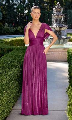 A woman in the mulberry Ladivine CD413 long prom dress, featuring an A-line silhouette, deep V-neckline, and pleated chiffon, stands near a garden fountain amid manicured shrubbery.