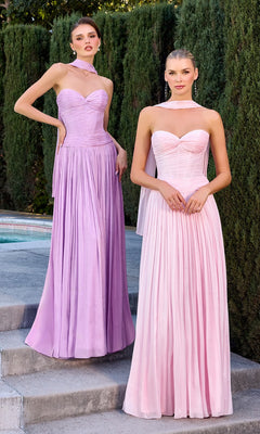 Two women stand outdoors by a pool, wearing the Ladivine CD414 long prom dress in light pink with pleated chiffon skirts and matching neck scarves.